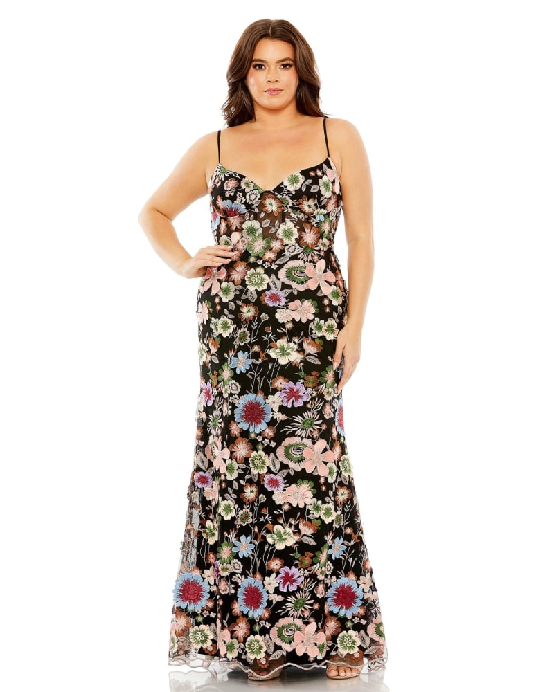 Front of a model wearing a size 14W Floral Embroidered Corset Mesh Gown in Black Multi by Mac Duggal. | dia_product_style_image_id:289986